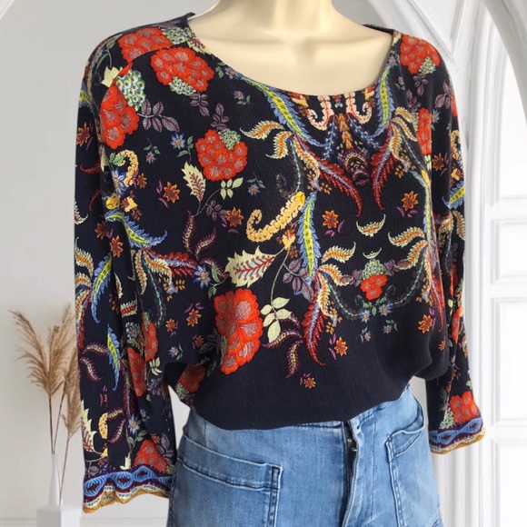DESIGUAL Bohemian Floral Paisley 3D print Small Top Blouse 3/4 sleeve Black - Picture 2 of 13